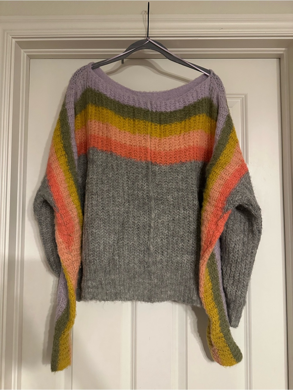 Free People Grey Off-the-Shoulder Sweater with Pastel Stripe Yoke